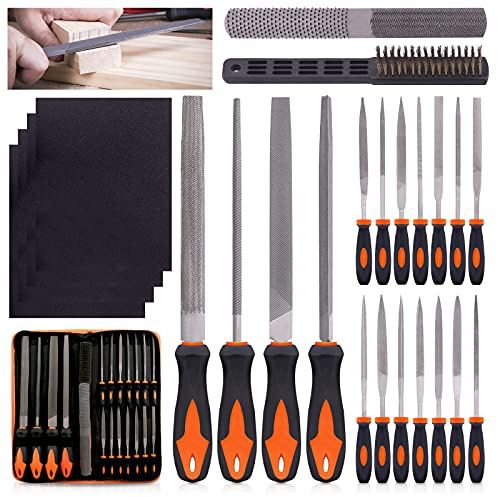 Swpeet 24-teiliges Metallfeilen-Set mit 4-in-1-Wege-Holzraspelfeile und Feile, Drahtbürsten-Set mit Tragetasche, Nadelfeilen, flache Feilen, runde halbrunde Dreieckfeile zum Formen von Metall, Hoz