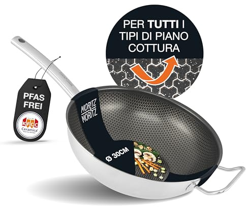 Moritz & Moritz Edelstahl Wokpfanne 30cm mit Keramikbeschichtung der neuesten Generation - für alle Herdarten geeignet - Antihaft Wok Wabenstruktur zum Kochen, Braten und Schmoren