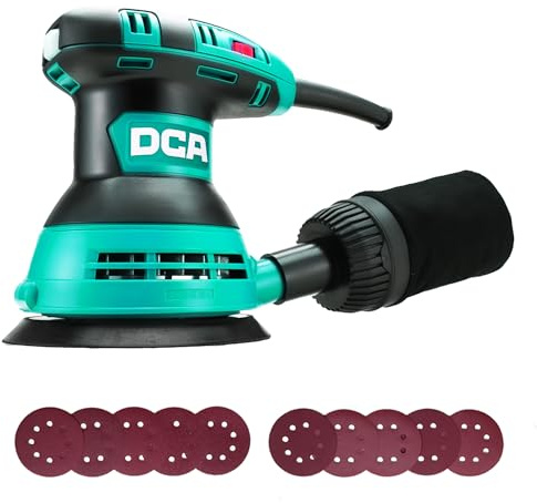 DCA Exzenterschleifer 300W, 125MM Schleifmaschine mit 6 Geschwindigkeiten, Max.12000 U/min, 0.3L Staubfangbehälter und Aubgeschützter Schalter, 10 Schleifpapier für Schleifen, Polieren von Holz, DIY