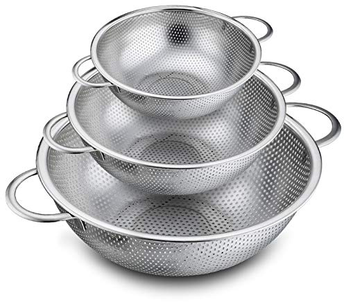 TEAMFAR Sieb 3er-Set, Edelstahl Micro-Perforierte Küchensieb Nudelsieb mit Griffen, Abtropfsieb Seiher für Nudeln Obst Reis Gemüse, Gesund & Hochglanzpoliert, Spülmaschinenfest - 16/22 / 28cm