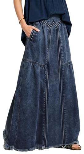 ebossy Damen Casual Elastische Taille Ausgefranster Saum A-Linie Distressed Hippie Lang Maxi Denim Rock