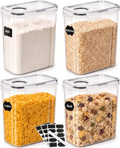 Vorratsdosen mit Deckel Luftdicht 4er Set, BPA frei Aufbewahrungsbox Küche | Filament Aufbewahrungsbox Mottensichere 4L Groß Organizer Mehl Spaghetti Cornflakes Müsli, Vorratsbehälter mit Etiketten