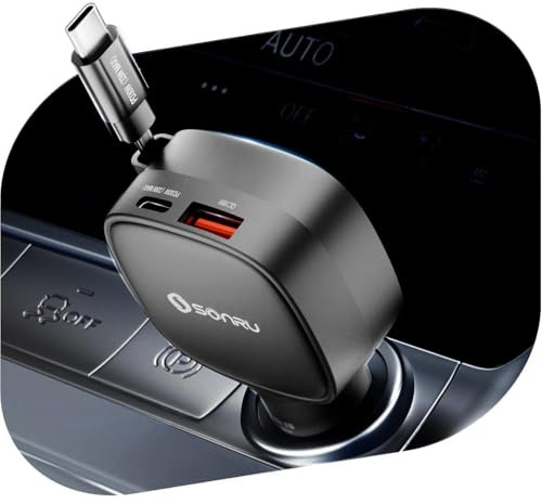 Zigarettenanzünder USB C, SONRU 84W Auto Ladegerät Einziehbares KFZ Ladegerät USB Schnellladegerät Handy 12V USB C Ladekabel Auto Adapter für iPhone 16 15 14, iPad, Samsung Galaxy S25 S24