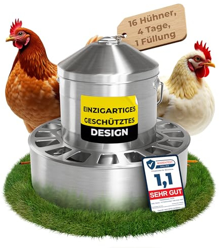 EDELTROOX® Edelstahl Futterautomat Hühner (4L / 8L / 12L Volumen) I Spart bis zu 40% Futter I aufhängbar & rattensicher I Abnehmbares klick-Gitter I Spülmaschinengeeignet I frei von scharfen Kanten