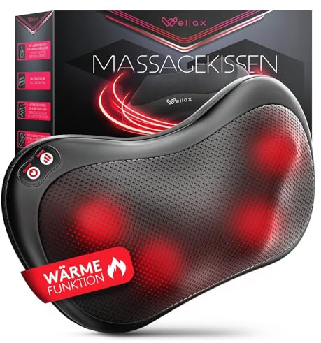 Wellax - Massagekissen mit Wärmefunktion & 360° Drehung - Shiatsu Nackenmassagegerät mit 3 Geschwindigkeiten für Schultern & Rücken - inkl. Verlängerungsgurt - Neck Massager, Schwarz