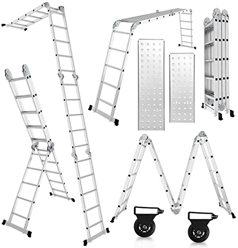 Randaco 7in1 Mehrzweckleiter, 470CM 4x4 Aluminium Vielzweckleiter Klappleiter mit 2 Plattform und Räder, Multifunktionsleiter 16 Sprossen, Max Belastung 150 kg, Gelenkleiter