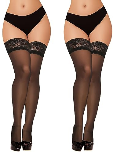 YOGINGO 2 Paar Halterlose Strümpfe Damen Schwarzer mit Spitze Hohe Oberschenkel Seidenstrümpfe mit Rutschfestem Silicone