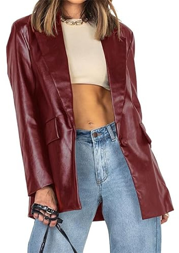 VIVICOLOR Damen Blazer aus Kunstleder mit einem Knopf Revers PU Motorradjacke Lederblazer