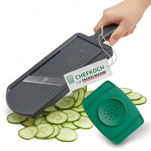Chefkoch trifft Fackelmann Gemüsehobel mit Restehalter – Mandoline mit extrascharfen Edelstahlklingen. Gemüseschneider mit Verstellmöglichkeit von 1-6 mm. Made in Germany