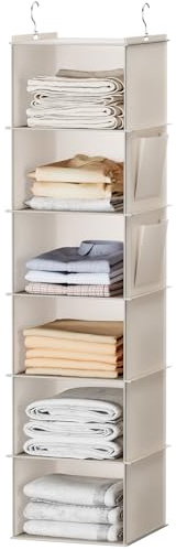 YOUDENOVA Hängeregal Schrankorganizer Stabiler 6 Fächern Kleiderschrank Organizer Ordnungssystem Hängeaufbewahrung mit MDF-Platten und Bambus-Stock verstärkt Beige