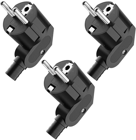 Schuko Stecker, Stecker 250V, Stromstecker mit Zugentlastung, Schutzkontakt-Stecker mit Knickschutztülle, Spritzwassergeschützt und Langlebig, IP20, Bruchfest, Schwarz - 3 Stücke Black