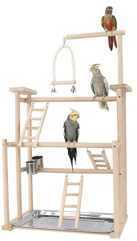 BeauFairy Papageien-Spielplatz, 79*44*31CM, Vogelspielplatz für Papageien, Parrot Playstand Papagei Spielplatz mit Spielzeug, Tablett Edelstahl, für Nymphensittiche Vögel Kanarien Wellensittich, F539
