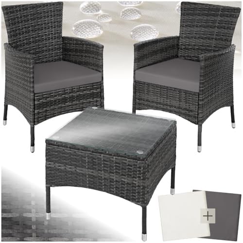 tectake® Poly Rattan Möbel Gartenset mit Wechselbezügen, 2 Stühle und Tisch mit Glasplatte, 2X Outdoor Lounge Sessel mit Armlehne und Gartentisch, Gartenmöbel Set, Balkonmöbel - grau