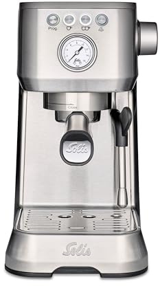 Solis Barista Perfetta Plus Espressomaschine, Silber | Halbautomatisch, Mit Milchschäumer, Programmierbarer Wassertank abnehmbar, Heißwasser- und Dampffunktion