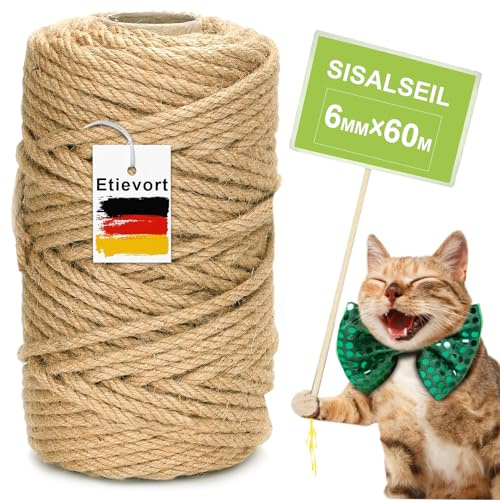 Sisalseil für Kratzbaum, 6MM X 60M Sisalseil, Sisal Kratzbaum Schnur für Katzen, Kratzseil, Haushalt, Garten, DIY, Dekoration
