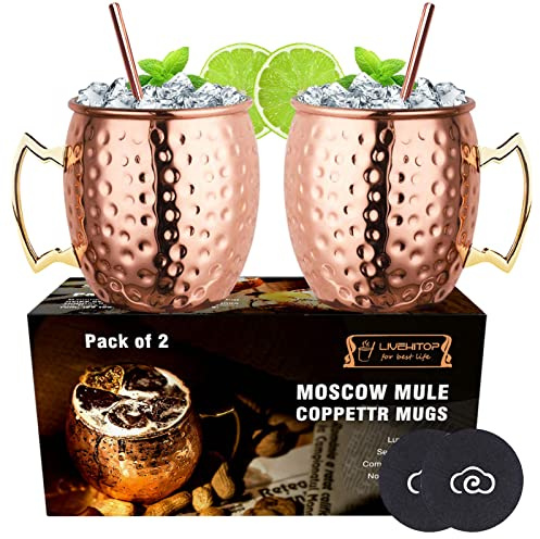 LIVEHITOP Moscow Mule Kupfer Tasse‌ Set of 2,19.5 Oz Kupferbecher mit Untersetzer for Cocktail, Wein, Kaltes Getränk, Bar, Party, Geschenk