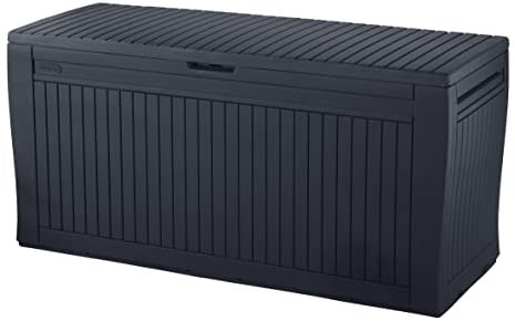 Koll Living Auflagenbox/Kissenbox 270 Liter Farbe : Graphit l 100% Wasserdicht l mit Belüftung dadurch kein übler Geruch/Schimmel l Moderne Holzoptik l Deckel belastbar bis 250 KG (2 Personen)