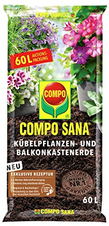 COMPO SANA Kübelpflanzen- und Balkonkastenerde 60 L, 8 Wochen, Gärtnerhumus | Optimierte Wasserabgabe, Gärtnerhumus für lockere luftige Struktur, Wurzel-Aktivator für intensive langanhaltende Blüten