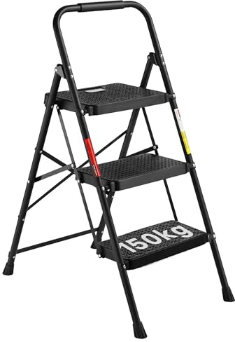 BONTEC Trittleiter 3 Stufen Klappbar, 150 kg Kapazität, Stahl, Schwarz