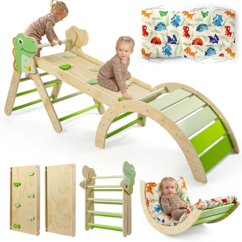 7-in-1 Montessori Kletterdreieck Set mit Rutsche, Kletterbogen & weichem Kissen – Holz Klettergerüst für Babys & Kleinkinder, Indoor Spielgerät, faltbar & sicher (Dinosaur)