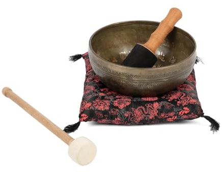 Bodhi Tibetische Klangschale Ø 23 cm | Singing Bowl mit Blume des Lebens Gravur | Handgefertigtes Klangschalen Set inkl. Kissen & Klöppel | Spirituelles Geschenk | Meditationszubehör aus Bronze