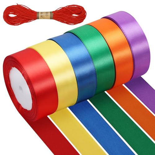 Zocipro 6 Farben Schleifenband 22m X 25mm, Maibaum Bänder, Geschenkband Stoff Satinband mit 10m Hanfseil, Bunte Bände zum Basteln,Satinbänder Bunt für DIY Geschenkschleifen Hochzeits maibaum Deko