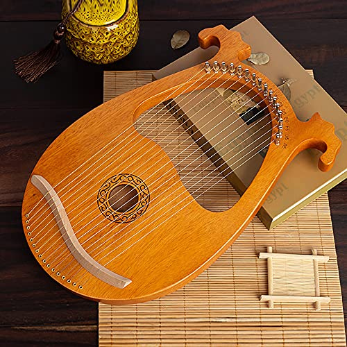 Lyre Harp Harfe aus massivem Mahagoni, Lyra Harfen 16 Metall saiten - Daumenklavier mit Stimmtasten und Paddles,l für Kinder und Erwachsene Musik Liebhaber AnfäNger (Holzfarbe mit Muster)