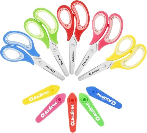 Asdirne Kinderschere, Sicherheitsschere, Bastelschere mit stumpfer Spitze, Edelstahlklingen und weichem Griff, ideal für Zuhause und Schule, 13,5 cm, 5 Stück