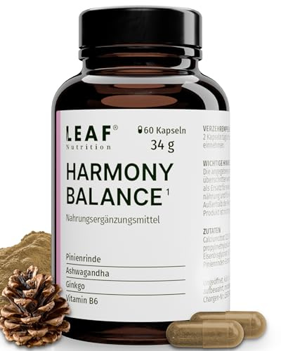 LEAF HARMONY BALANCE Kapseln Frauen – Meno Komplex Wechseljahre mit Ashwagandha, Zitronenverbene, Vitamin B6 zur Regulierung der Hormontätigkeit – 60 vegane Kapseln, made in Germany