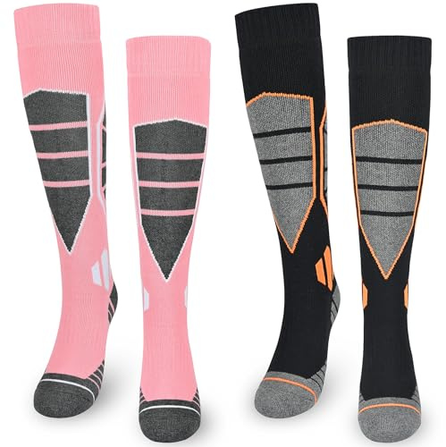 ouhos 2 Paare Skisocken Damen 39‑42 Gepolsterte Thermo Lange Wintersocken | Dicke Warme Frottee atmungsaktiv rutschfester Bund Mehrzonen‑Schutz Schienbein Knöchel Mittelfuß Baumwolle Wintersport