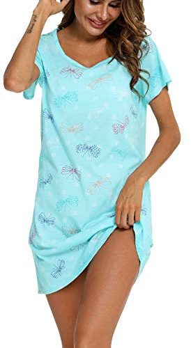 ENJOYNIGHT Nachthemd Damen Kurzarm Baumwolle Schlafshirt Sommer Sleepshirt | Weiche Baumwollmischung, Rundhalsausschnitt, Süß Bedruckte Nachtkleid, Ideal für Zuhause