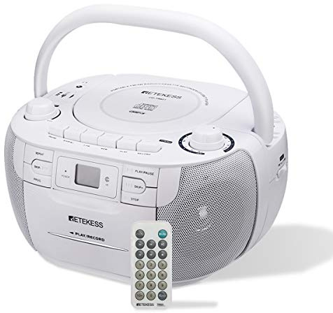 Retekess TR621 Tragbares CD Radio,Kassettenspieler CD,Stereo mit AM FM-Radio,Kassettenrekorder,Unterstützung von USB/TF/Kopfhörer, mit Fernbedienung(Weiß)
