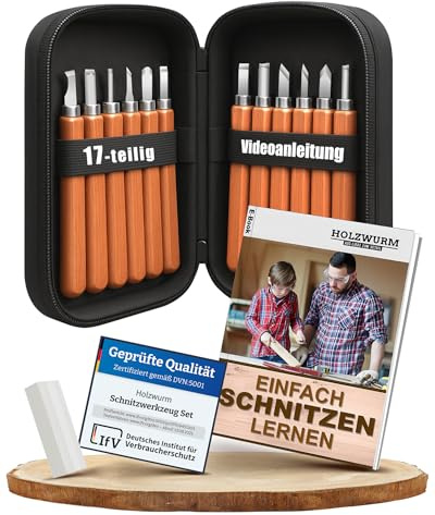 HOLZWURM Holz-Schnitzwerkzeug Set - 17 teilig, inkl. Anleitung für ein Schnitzprojekt & E-Book für Einsteiger, Tasche & Abziehstein, ideales Schnitzmesser-Set für Anfänger und Profis