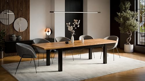 VALLH Ausziehbarer Esstisch Leonardo 100–300 cm | Tisch für 10–12 Personen | Eiche Craft Dekor | Beine aus Buchenholz – schwarz lackiert | modern, funktional| Esszimmer (Craft | Schwarz, 100x200/300)