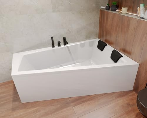 BADLAND Badewanne Original Weiß Acryl Wanne Eckbadewanne INTIMA 160x90 Rechts KOMPLETTSET SET + Kopfstütze + Füßen und Exklusive Chrom Automatik Ablaufgarnitur Made in EU 4in1