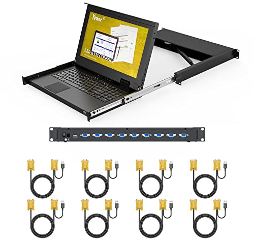 Yinker VGA KVM Konsole 8 Port 15,6 Zoll LCD-Monitor VGA KVM Switch passend für 1U 19 Zoll Rack 600 mm tiefe Netzwerk-Server-Schrank mit Tastatur-Touchpad-Schublade KVM-Kabel