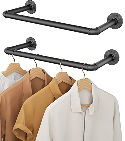 OROPY Industrierohr Kleiderstange 2er Set, 49cm Kleiderstangen wandmontage, Abnehmbare Retro- Garderobenstangen aus Metall (Zwei Basen)