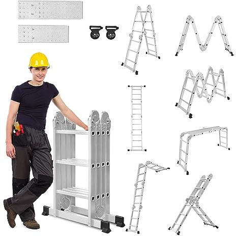 LZQ 4x3 Mehrzweckleiter 340cm 6 in 1 Alu Leiter Vielzweckleiter Klappleiter Haushaltsleiter Arbeitsleiter Anlegeleiter Steigleiter Arbeitsbühne Multifunktionsleiter Gelenkleiter