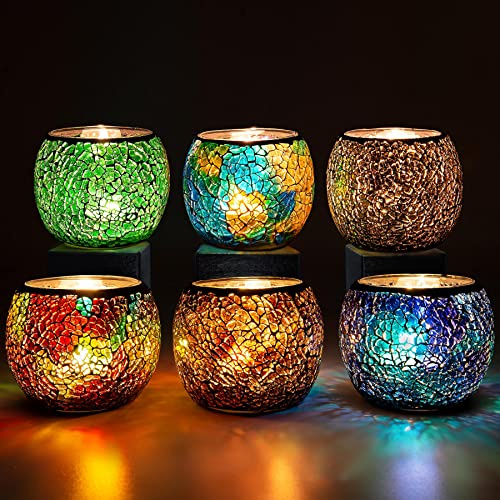 Larcenciel Teelichthalter 6 Stück, Mosaik Kerzenständer Glas Kerzenhalter Romantischer Teelichtgläser, Handgemachte Bunte Teelichter Windlicht Dekoration für Geburtstag, Hochzeit, Weihnachten, Party
