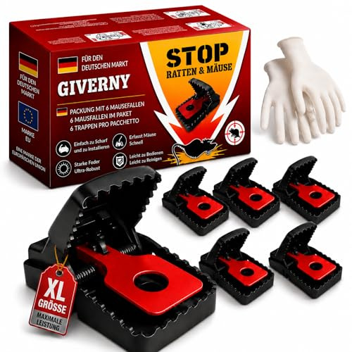 GIVERNY XXL Rattenfalle (6er-Pack) – Extra große, Wiederverwendbare & Starke Schlagfallen für Ratten und Mäuse, ohne Gift & sicher für Zuhause, mit Gratis Handschuhen – Innen & Außen