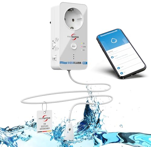 Protector WA-11 Wassermelder WLAN, 3-fache Sicherheit | Wasseralarm, schaltet Pumpe + Waschmaschine, App-Push | Wassermelder Boden 2 m Sensorkabel | Wassersensor WLAN für Smarthome & Pumpenschacht