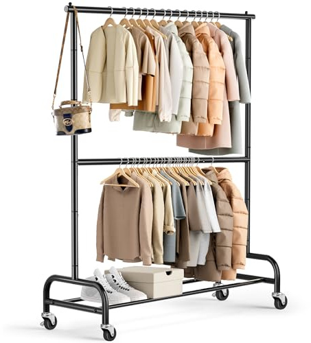 MISSLO Schwerlast Kleiderständer auf Rollen Kleiderstange Doppelt Metall für Hängende Klamotten Ständer Closet Garderobe Rack, Einstellbar, Schwarz