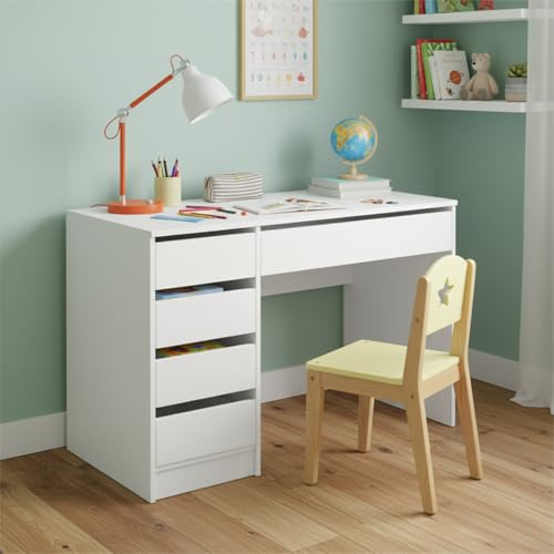Bellabino Nore Kinderschreibtisch Weiß, 110x53 cm, 5 Schubladen, ab 6 Jahre | Jugendschreibtisch, Schülerschreibtisch, Schubladen links/rechts montierbar, Kindertisch, Kinderzimmer, Kinder ab 6 Jahren