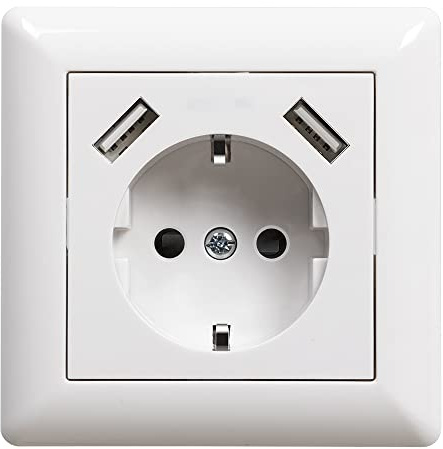 Sasudose USB Steckdose Weiß Unterputz Schuko Steckdose mit USB Anschluss (Max. 3.4A) System 55 Reinweiß Glänzend Schutzkontakt-Steckdose Wandsteckdose Passent in Standard Unterputzdose für Smartphone