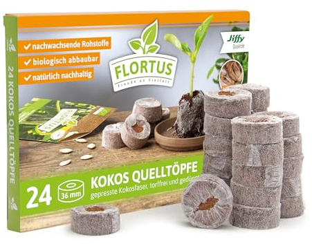 FLORTUS – Kokos Quelltöpfe aus Anzuchterde mit Nährstoffen – 24 Stück Kokos Quelltabletten torffrei & biologisch abbaubar – Quelltabs aus Kokoserde gepresst zur Pflanzen Anzucht von Samen & Setzlingen