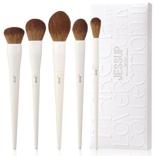 Jessup Gesicht Pinsel Set 5tlg Foundation Kontur Rouge T493 | Ultraweiche Fasern mit Naturhaar-Effekt, gleichmäßige Deckkraft, natürliche Kontur & Highlight, glattes Finish für den Alltag