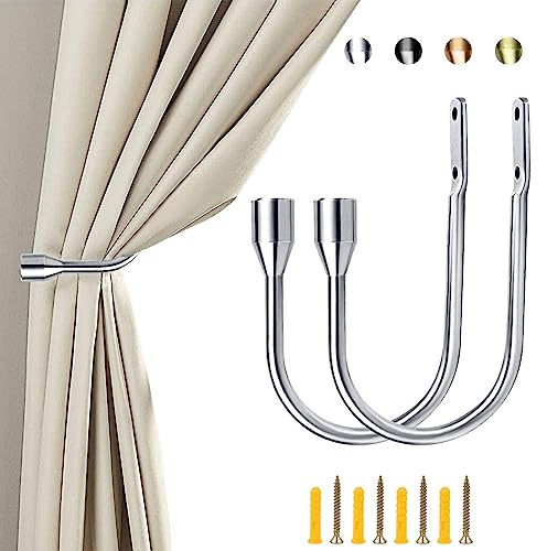 ALEENFOON Vorhang Raffhalter Haken Holdbacks Tiebacks Metall Gardinenhalter U Haken für Fenster Zugband - Pack von 2 (Silber)