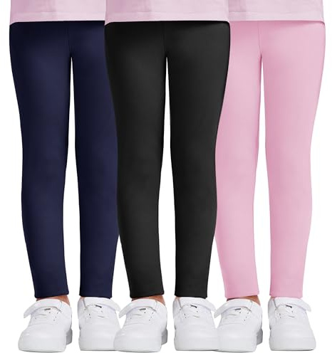 DDOBB Leggings Mädchen, High Waist Leggins Kinder Sportleggins Lange 3er-Pack, Weich Elastisch Basic Sporthose Blickdichte Hose für Tanz Yoga Alltag(Schwarz+Navy+Rosa, M=(6-8 Jahre))