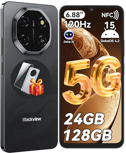 Blackview Shark 6 KI Smartphone 5 G Ohne Vertrag, 6.88 120HZ Handy 5G Android 15, 24GB+128GB / 2TB TF 5000mAh & 18W, 16MP+8MP Dual 5G SIM Handys/Fingerabdruck/Face ID/GPS/OTG/NFC