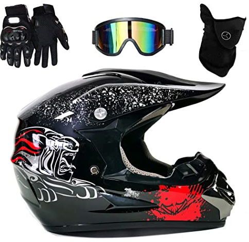UIGJIOG Motocross Motorcycle Helmet,Kinder Downhill Fullface Helmet Crosshelm Schwarz Herren Fullface Helm MTB DOT-Zertifizierung Inklusive Brille, Handschuhe Und Masken Set